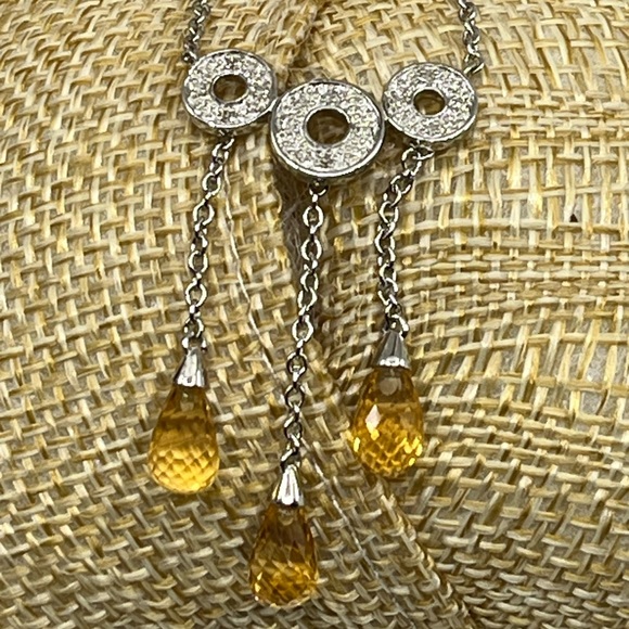Vintage 10KT White Gold Necklace with Citrine Briolette Drops & Diamond Accents - Picture 3 of 15